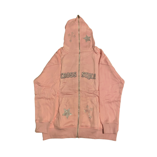 RINESTONE ZIP UP HOODIE - PINK