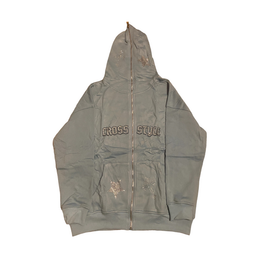 RINESTONE ZIP UP HOODIE - GREY